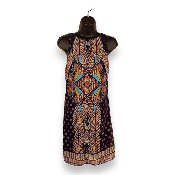 MEDIUM IN SAN FRANCISCO SLEEVELESS DRESS SHEATH GEOMETRIC BOHO PRINT LINED - Picture 1 of 12